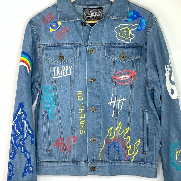 NWOT Brooklyn Cloth Streetwear Graffiti Denim Button Up Jacket unisex size small - Picture 3 of 14